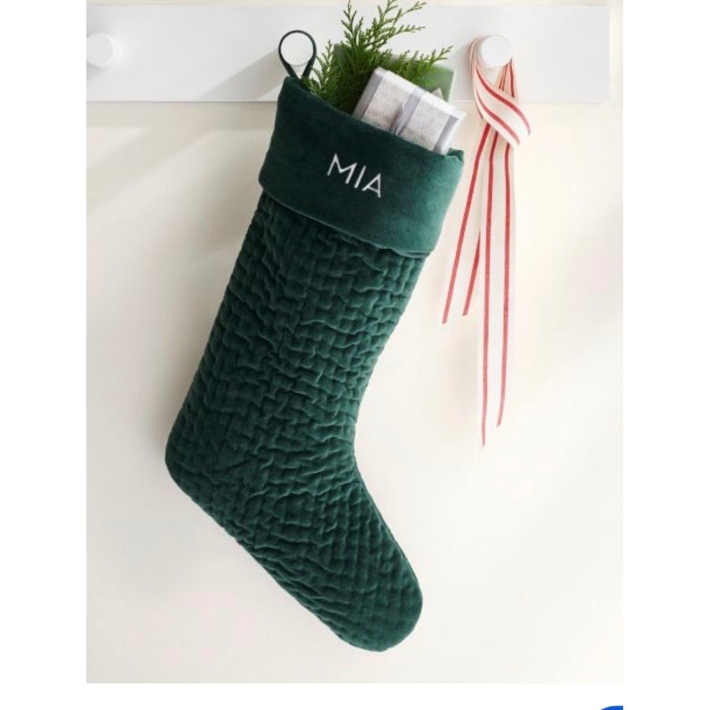 Pottery Barn Channel Quilted Velvet Stocking Forest Green Christmas Holiday